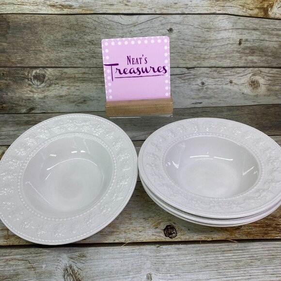 Wedgwood Home FESTIVITY White Embossed Fruit Beads Earthenware 7.5" Bowls Set 4